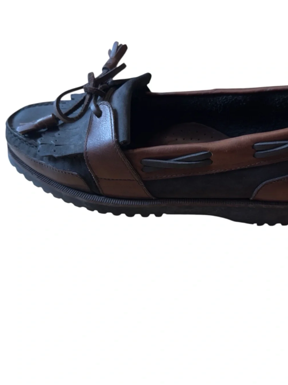 J J Hobbs Mens Leather Kiltie Tassel Loafers Brown Black Lug Sole Size 7 in EUC